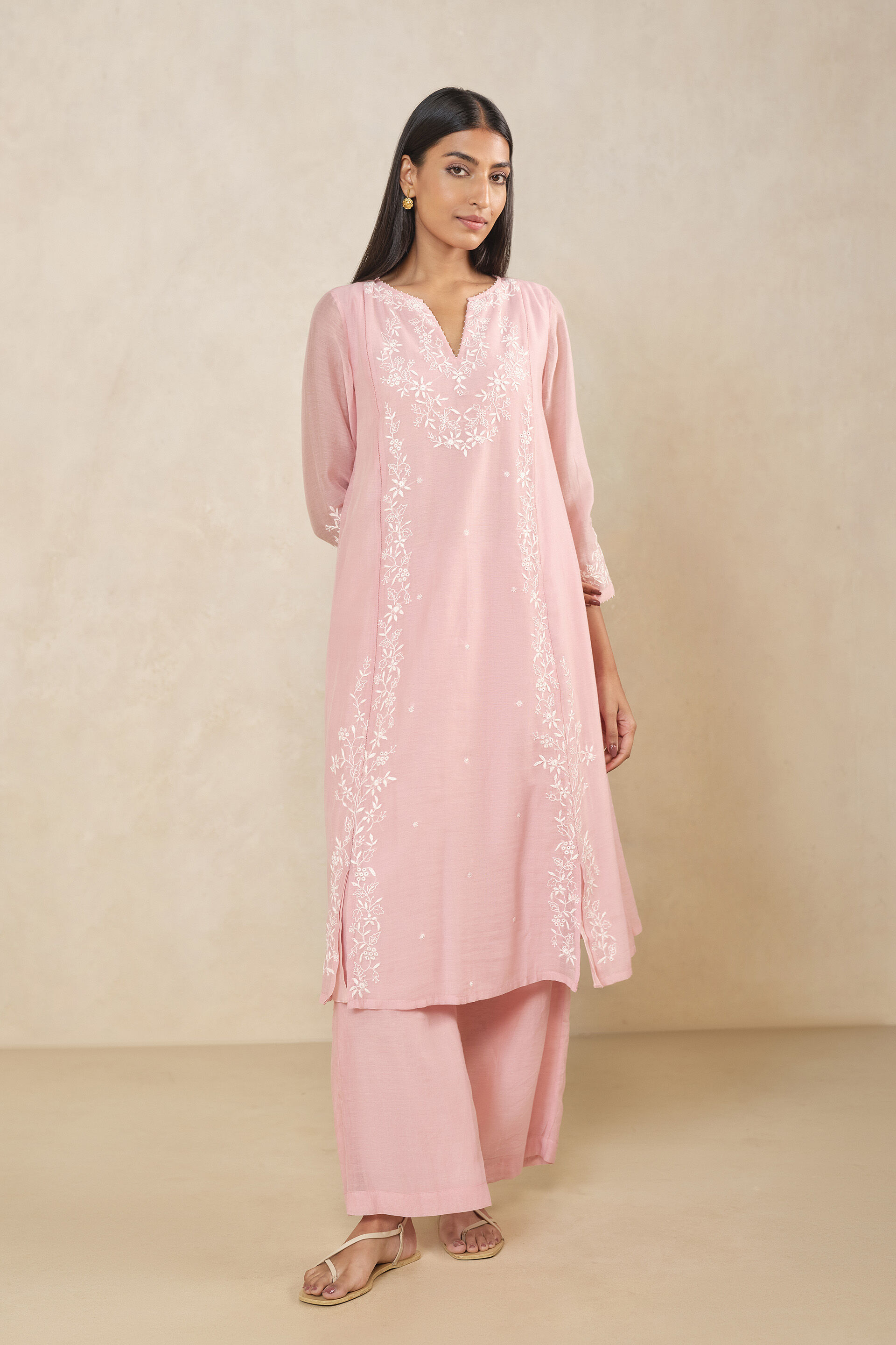 Haiku Chikankari Hand-embroidered Mul Kurta Set - Pink